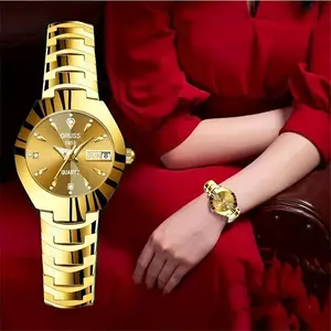 Women's Watch Luxury Rhinestone Quartz Watch Golden Fashion Analog Calendar Wrist Watch Date Watch