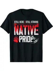 Native American Pride T-Shirt, 100% Cotton Crewneck T-Shirt, Bright Red and White Design with Feather and Paw Print, Casual All Season Knitted Fabric Top for Adults, Casual Tribal Design T-Shirt Cotton T-Shirt