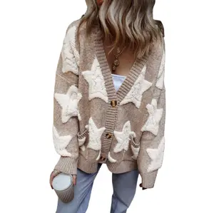 Asvivid Women's Sherpa Star Printed Casual Long Sleeve Oversize Textured Button Front Cardigans Sweater With Pocket Cardigan Woman Outfit Style Knitwear Tops