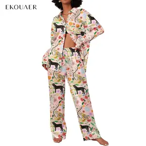 Ekouaer Womens 2 Piece Silk Satin Pajama Set Long Sleeve Lounge Sets Button Down Shirts and Pants PJs Soft Sleepwear Sets,Outfits for Daily, Downtown Girl Clothes. Fal Outfits, Christmas 2025 Trend, Fall & Winter Womenswear pant pajama