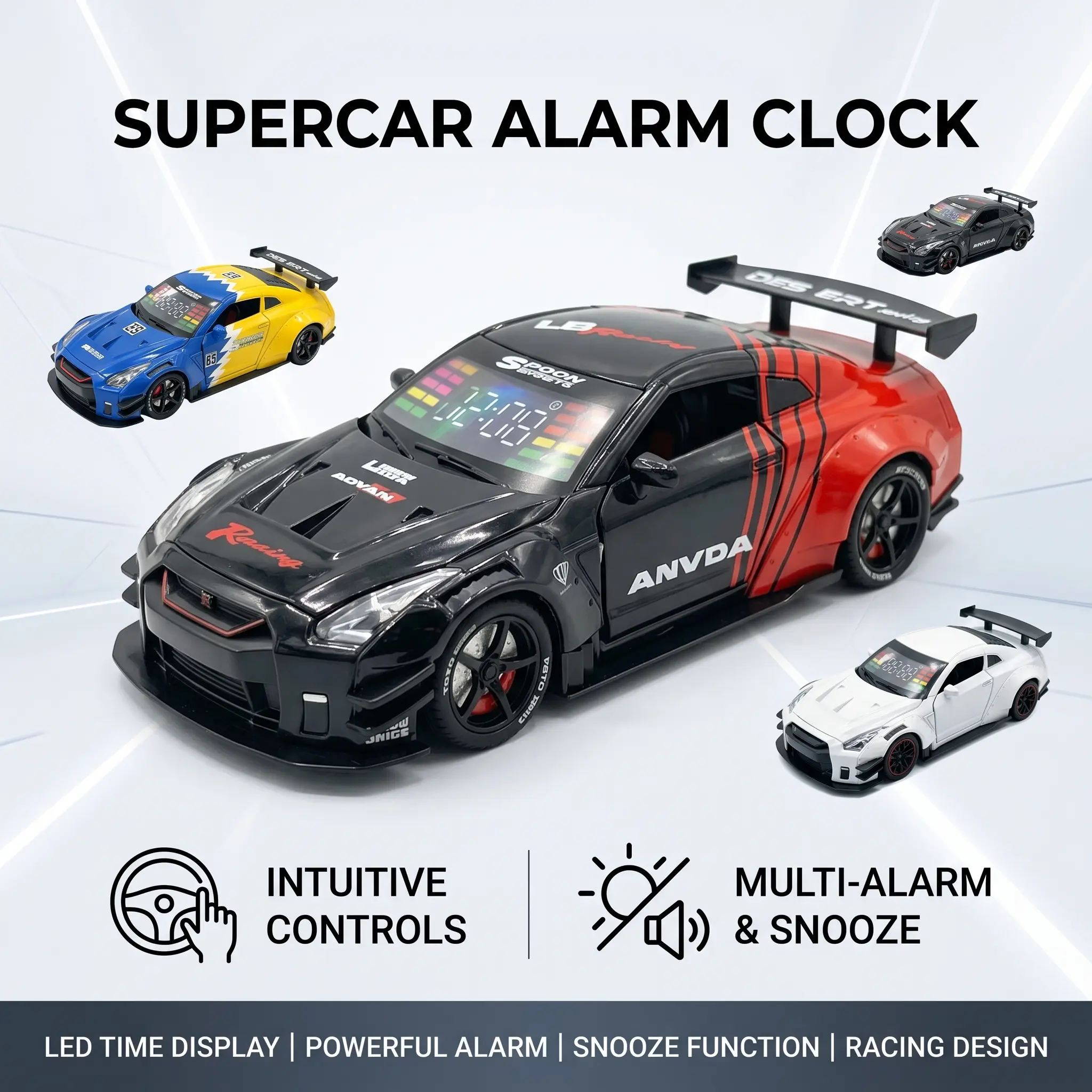 Novelty Race Car Alarm Clock, Turbo Sports Car LED Digital Desk Clock with Alarm & Snooze, Creative Automotive Bedroom Decor, Gift for Boys, Kids & Car Lovers