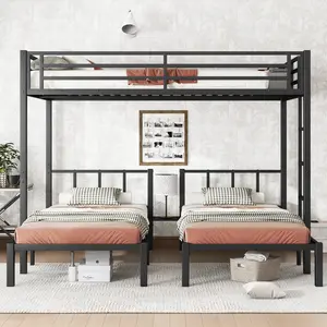 Niccae Twin over Twin & Queen Bunk Bed, Metal Triple Bunk Bed with Safety Guardrails,Space-Saving/Noise Reduced