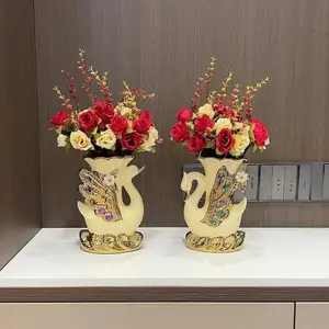 2pcs Ceramic Vintage Style Swan Vase Centerpieces, Elegant Cylindrical Flower Vases, European Creative Tabletop Ornaments, Home Decor, Dining Table Centerpiece, Decorative Vase