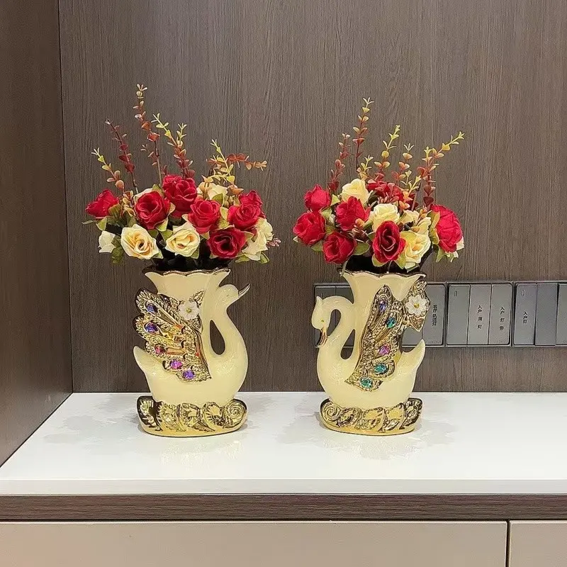 2pcs Ceramic Vintage Style Swan Vase Centerpieces, Elegant Cylindrical Flower Vases, European Creative Tabletop Ornaments, Home Decor, Dining Table Centerpiece, Decorative Vase, Ceramic Vases For Home Decor