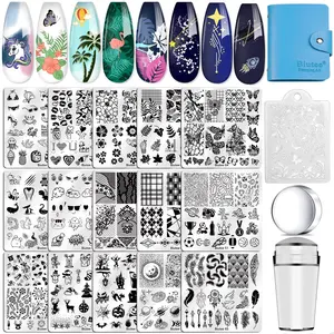 Biutee Nail Stamping Plates set 15 counts Nail Art Stamper Scraper Storage Bag Gift Box Nail Stamp Template Kit Lace Flower Butterfly Star Holiday Sports Design Nail Image Plate