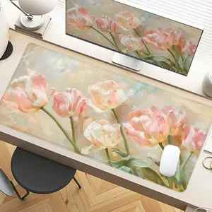 Desk Pad Pastel Pink Tulips Blossom Desk Pad Gaming Mousepad XXL Mouse Pad For Laptop Desk Mouse Pad Extra Large With Non-Slip Rubber Base Stitched Edges Surface For PC Gamers Office Workers & Home Use Perfect Spring Gift Idea