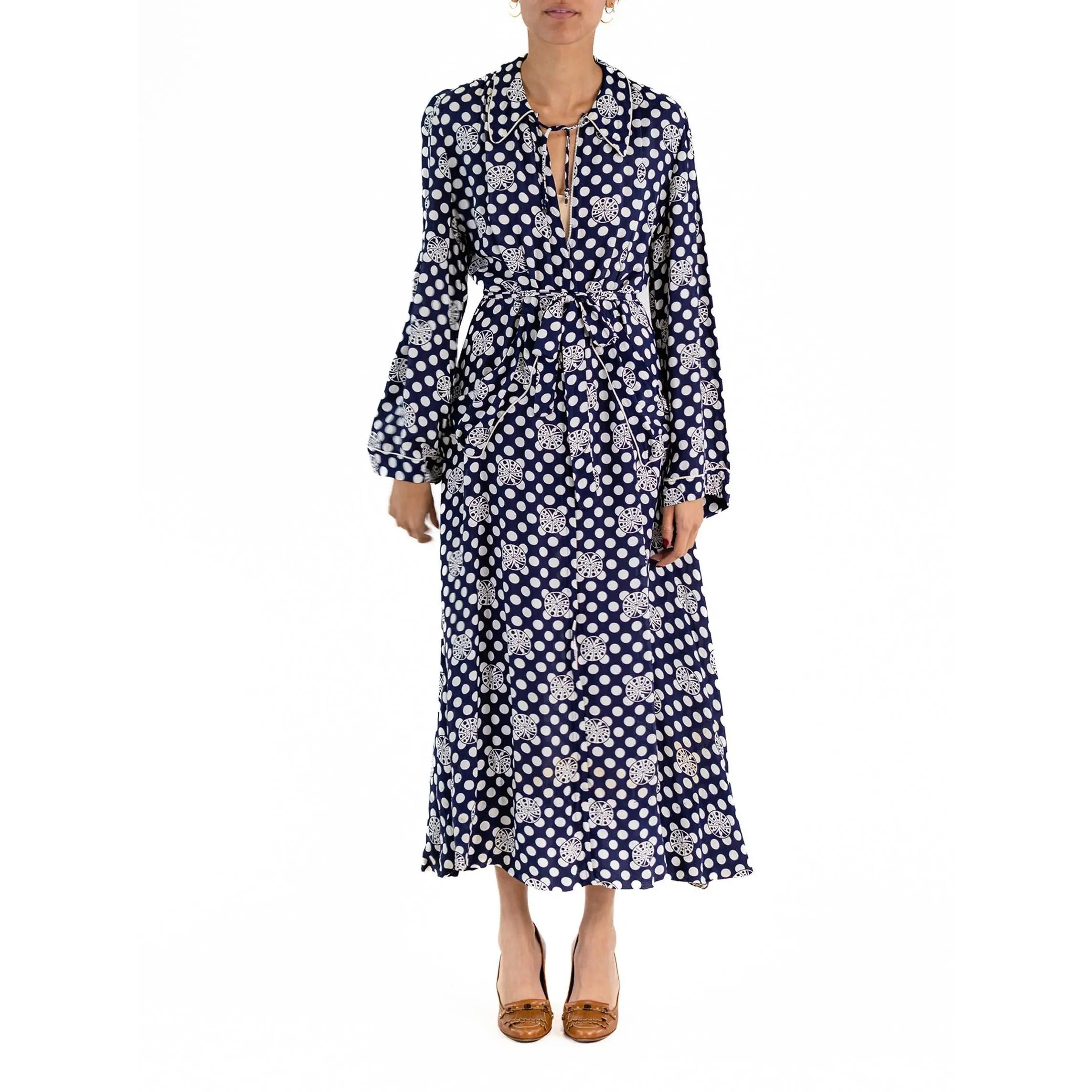 1940S Blue & White Cold Rayon Polka Dot Dress With Zipper Front Pockets