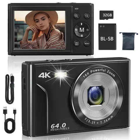 Automatic Autofocus Vlogging High Definition Camera - 4K 64MP Portable Point & Shoot Digital Camera, 16x Digital Zoom, 2.8 inches IPS Screen, 32G Memory Card, 1200 mAh Battery, for Teens Beginners, Halloween Gift