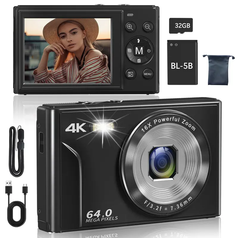Automatic Autofocus Vlogging High Definition Camera - 4K 64MP Portable Point & Shoot Digital Camera, 16x Digital Zoom, 2.8 inches IPS Screen, 32G Memory Card, 1200 mAh Battery, for Teens Beginners, Halloween Gift