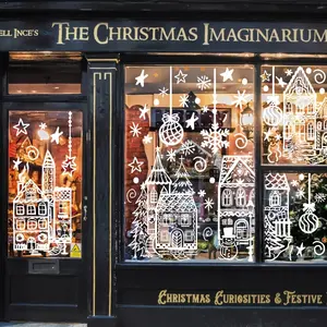 Large Christmas Window Stickers Set of 4, House Design Static Cling Decorations, Snowman & Snowflake Dual-Sided Adhesive for Festive Party