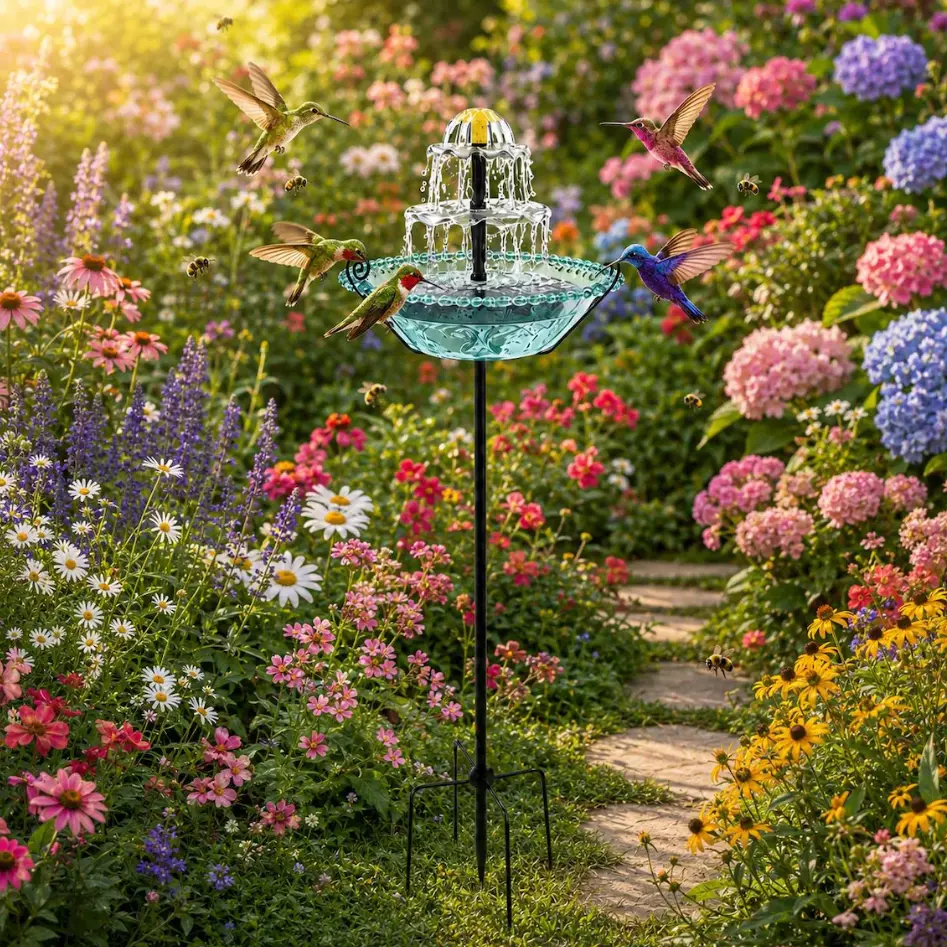 Solar Bird Bath Fountain Outdoor Water Feature - Tiered Glass Bowl Fountain with Ground Stake for Garden, Yard, Patio, Lawn, Flower Bed Decor,Eco-Friendly Solar Powered Water Fountain Pump for Backyard and Wild Birds