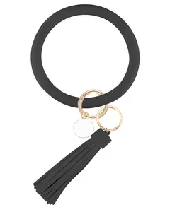 Large Keychain Bracelet with Tassel, Circle Leather Wristlet Key Ring for Women, Bangle Key Chains Holder for Girls