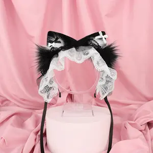 Cute Cat Ear Maid Headband Removable Plush Lace Headdress Cute Girl Role Playing Accessories