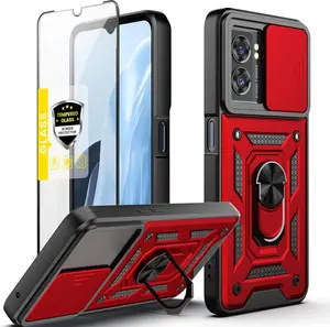 Phone Case OnePlus Nord N300 5G Case with Stand Kickstand Ring and Camera Cover with Tempered Glass Screen Protector, Military Grade Shockproof Protective Cover for OnePlus Nord N300 5G (TC-Red)
