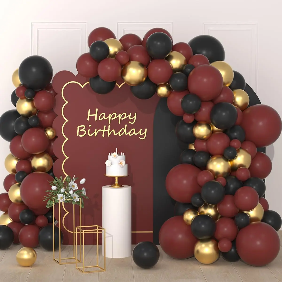 Burgundy Red Black Gold Balloon Arch Garland Kit - Wine Red Gold Balloons Black Balloon Arch Kit for Birthday Graduation Engagement Valentine Retirement Party Decoration