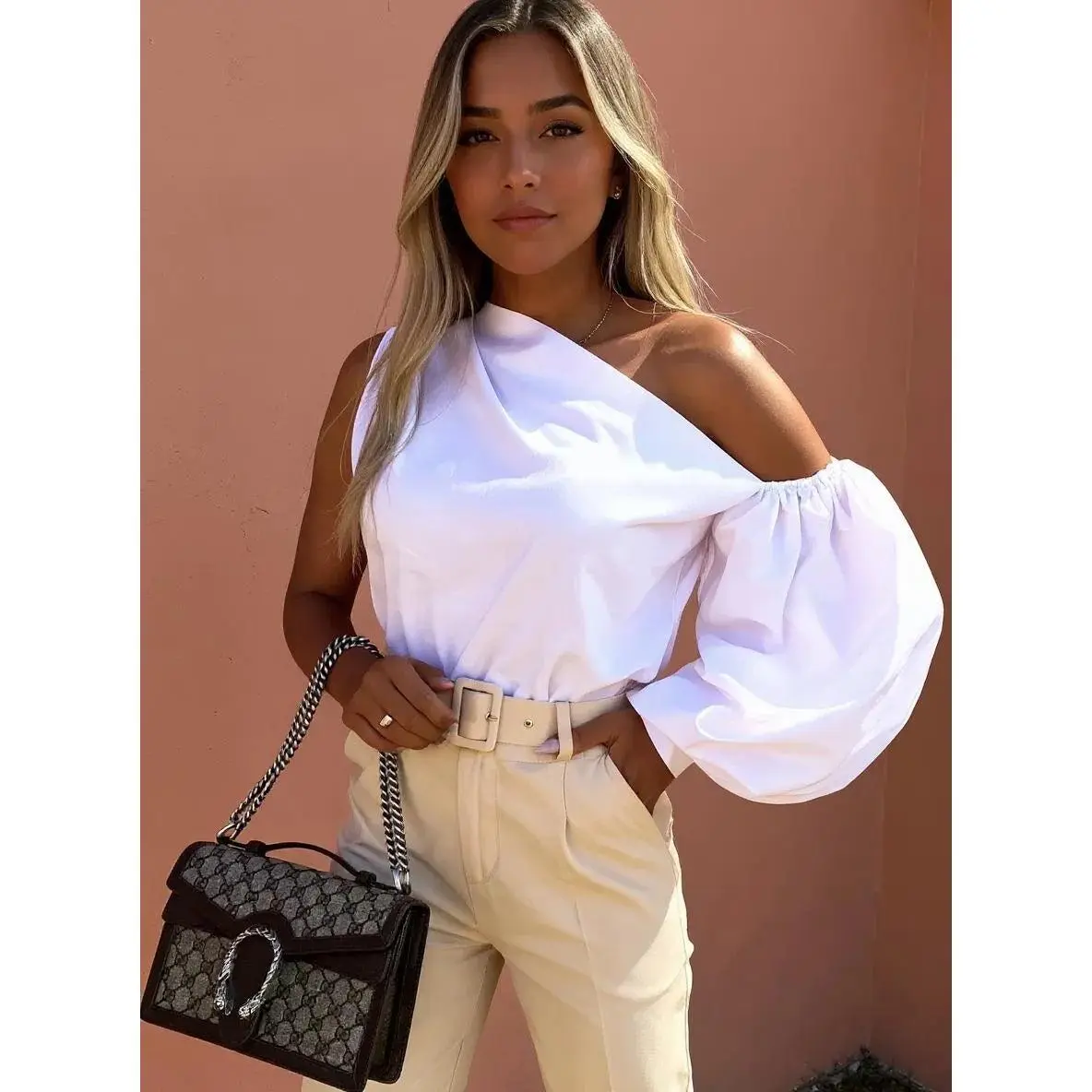One Shoulder Puff Sleeve Blouse