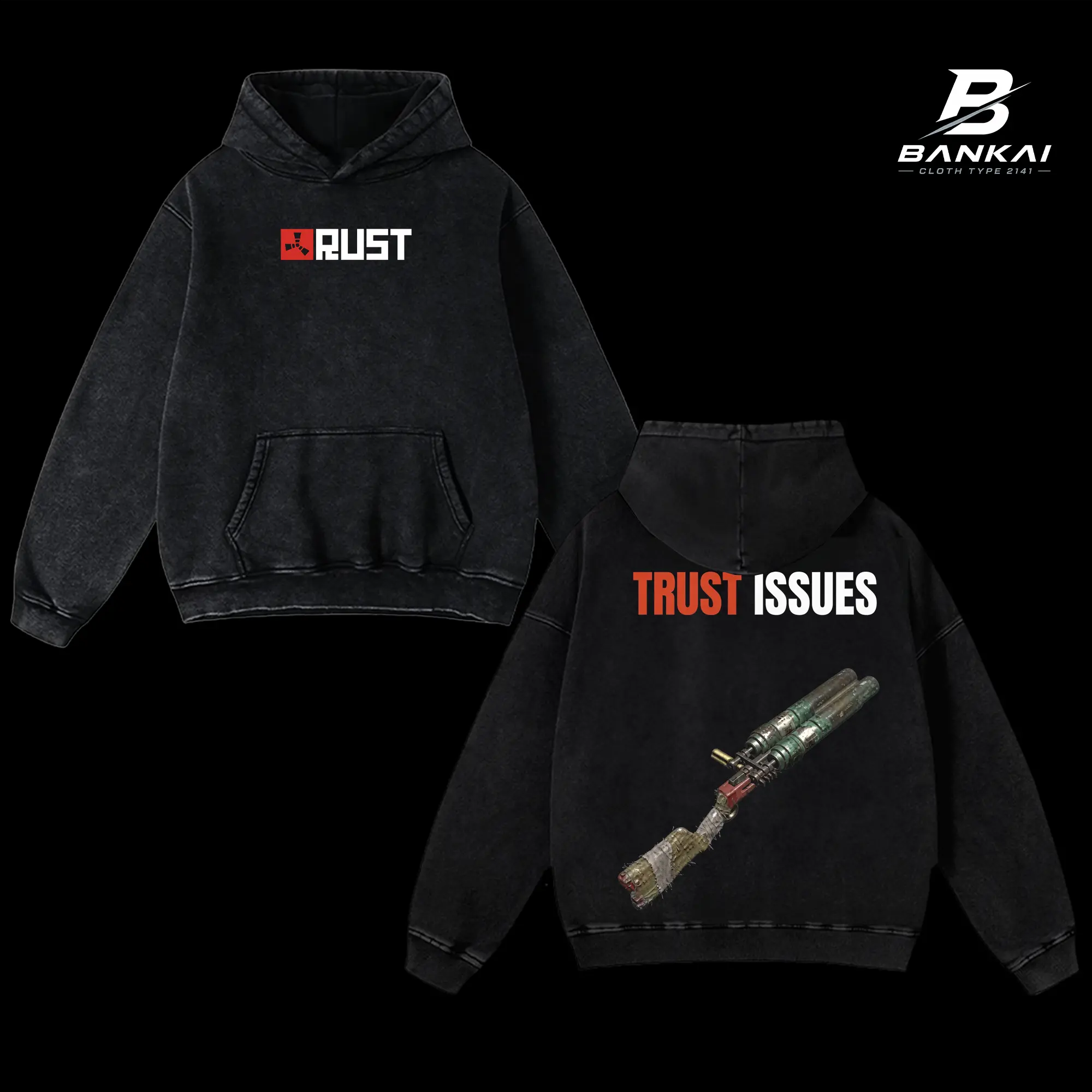 Rust Game Trust Issues Hoodie, Vintage Washed Oversized Unisex Black Graphic Hoodie, Double Sided Rust Shovel Shotgun Design Sweatshirt, Funny Survival Meme Gaming Apparel, Rust PC Console Fan Gift Streetwear