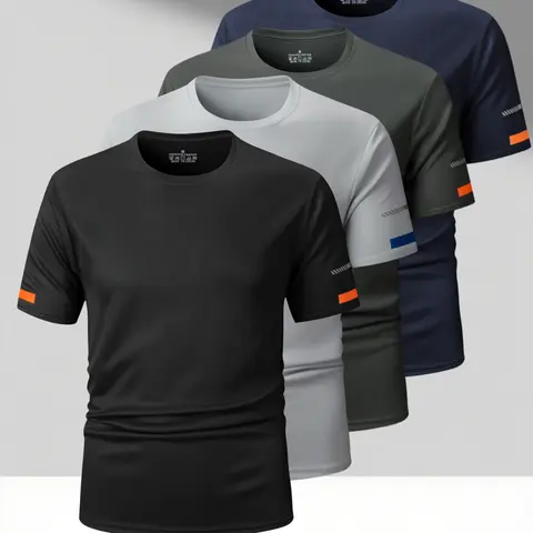 Men's 4-Piece Plain Pull-On Quick-Drying Breathable Polyester Activewear Tees - Crew Neck Sports Shirts with Reflective Tape for Fitness Enthusiasts, Hiking (Gray, Green, Blue, Black, Medium), Activewear Tee