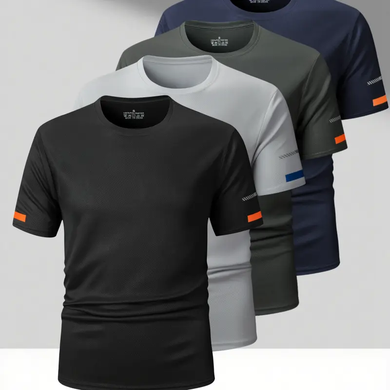 Men's 4-Piece Plain Pull-On Quick-Drying Breathable Polyester Activewear Tees - Crew Neck Sports Shirts with Reflective Tape for Fitness Enthusiasts, Hiking (Gray, Green, Blue, Black, Medium), Activewear Tee