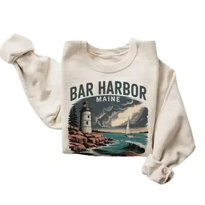 Women's Unisex Retro Graphic Hoodie - 90s Bar Harbor Maine Lighthouse Sweatshirt, East Coast Ocean Sailboat Travel Destination, Boho Casual Cotton Polyester #DICH