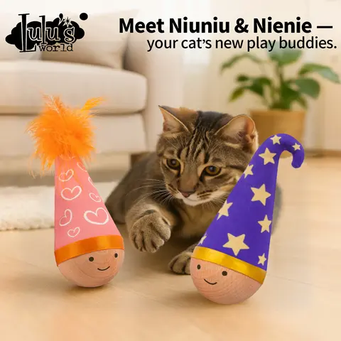Lulus Natural Wood Self-Balancing Wobble Cat Toy (1 pc) - Interactive Teaser Toy with Built-In Catnip, Feather Top, Bite-Safe, Scratch-Resistant Accessory for Chase Plays