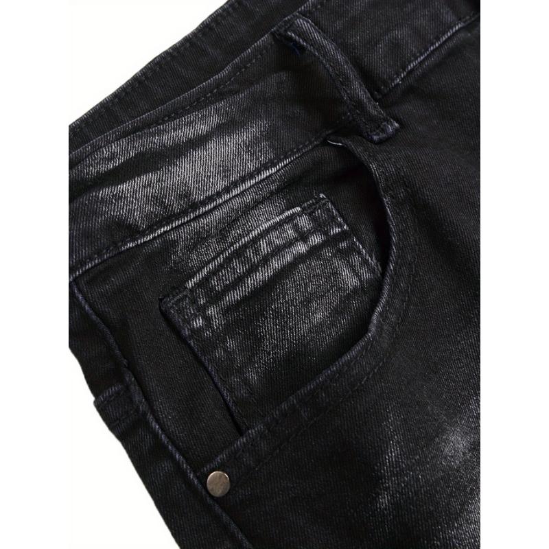 Men's Slim-Fit Ripped Black Jeans - Stretch Denim with Distressed Detail, Machine Washable