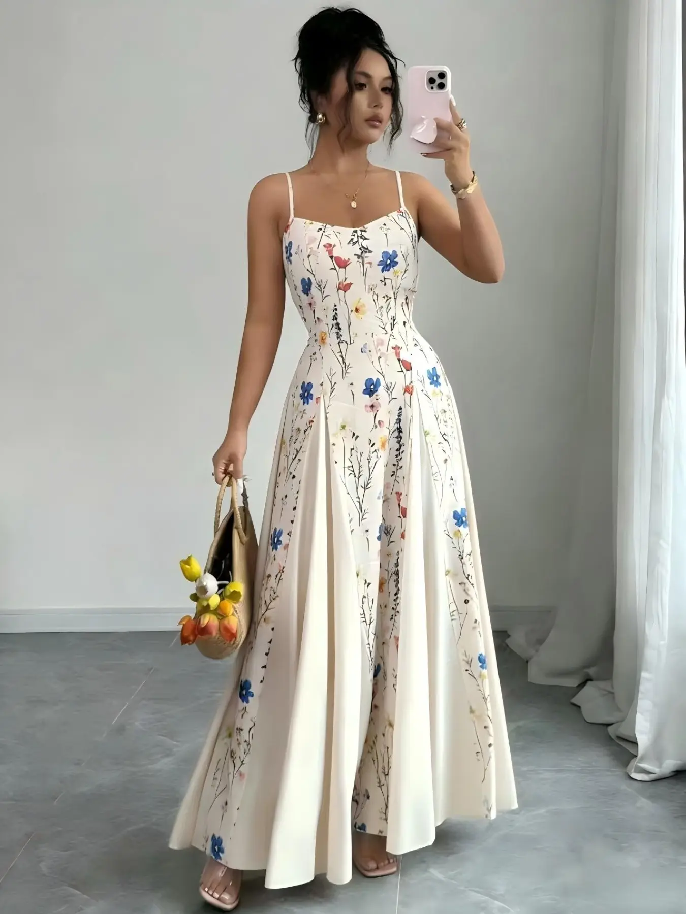 Elegant Sexy Summer Women's Printed Floral Patchwork Halter Dress, Chic Stylish Sleeveless Maxi Dress, Floral Prints Dress for Parties, Casual and Everyday Wear, Womenswear