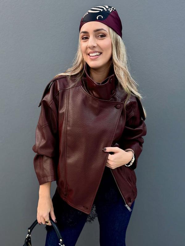 Women's Stand Collar Faux Leather Jacket, Streetwear Casual Long Sleeve Outerwear for Spring & Fall & Winter, Ladies' Waterproof & Windproof Clothes for Daily Wear, Oversized Jacket for Women
