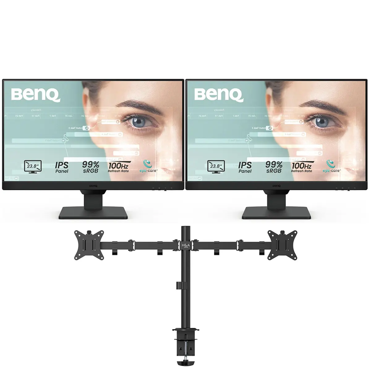 BenQ GW2490 24" Gaming Monitor - FHD 1920x1080p Resolution, IPS Panel, 100Hz Refresh Rate, Eye-Care Tech, Low Blue Light, Anti-Glare, Adaptive Brightness, Built-in Speakers, DisplayPort, HDMI + H&A Heavy Dual Monitor Stand