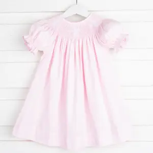 Cross Smocked Pink Pique Bishop Dress