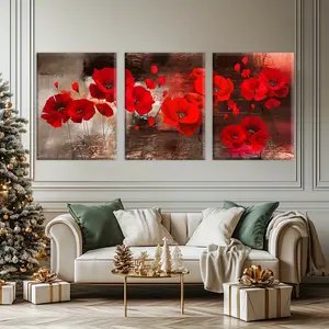 2D flat painting, 2D flat painting, 3-piece wooden framed canvas set, includes a red floral poster, perfect for fantasy-themed decoration. This modern artwork is an excellent gift for friends and family, suitable for home and room wall decor