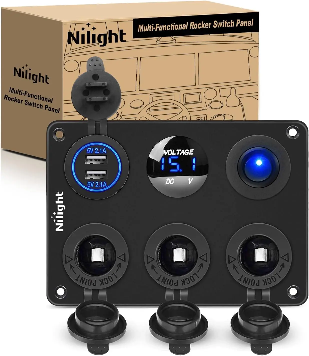 Nilight Multifunctional 12-24V Aluminum Dual Cigarette Lighter Socket with Wire, Power Plug Replacement, Cover, Mounting Screws & Panel for Cars/RVs, Trucks, Boats, ATVs