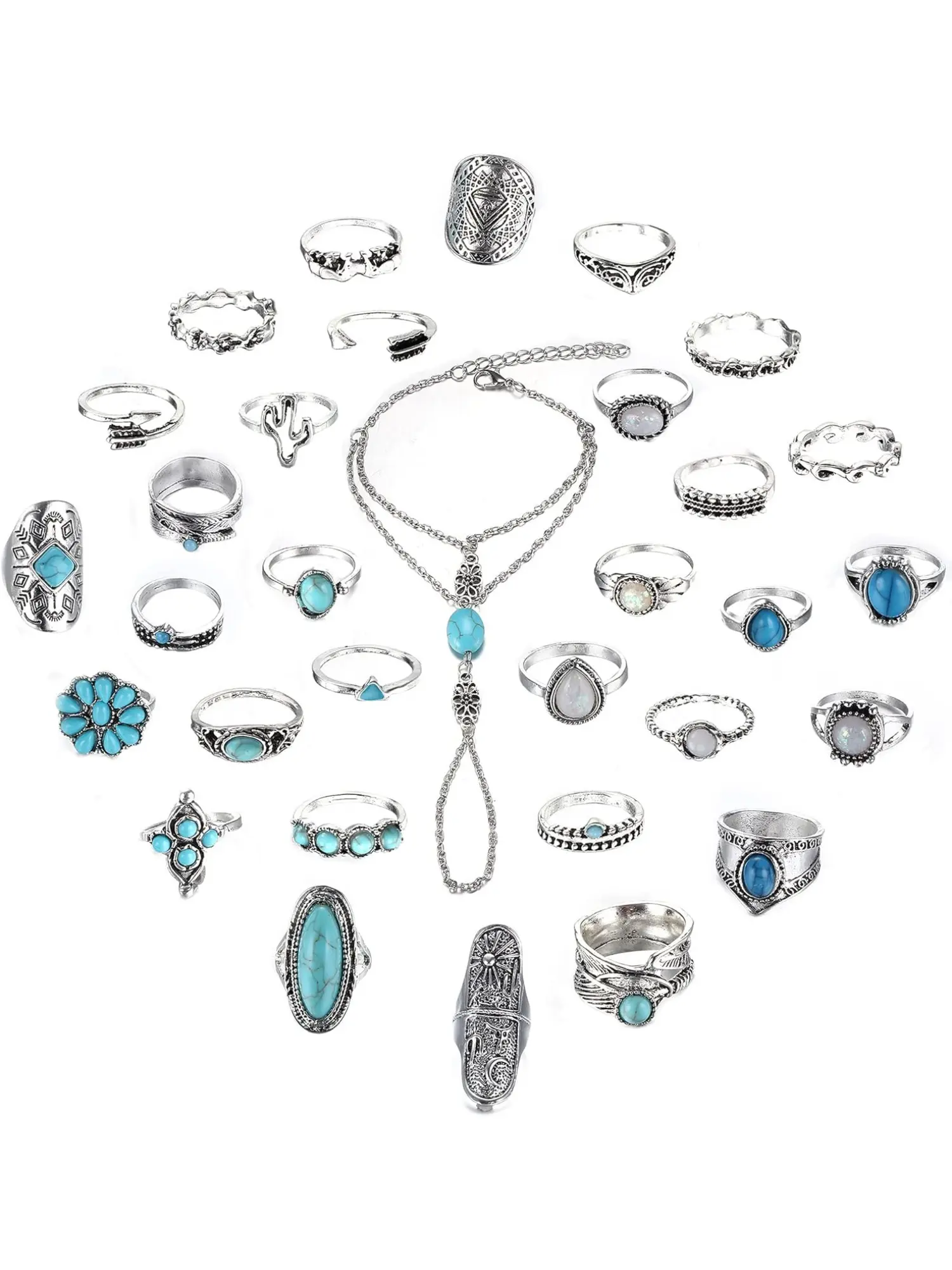 34 Pcs Turquoise Knuckle Rings and Finger Ring Bracelet for Women Silver Vintage Bohemian Stackable Joint Rings Western Boho Turquoise Slave Finger Ring Hand Harness Set Turquoise Jewelry Set Jewellery