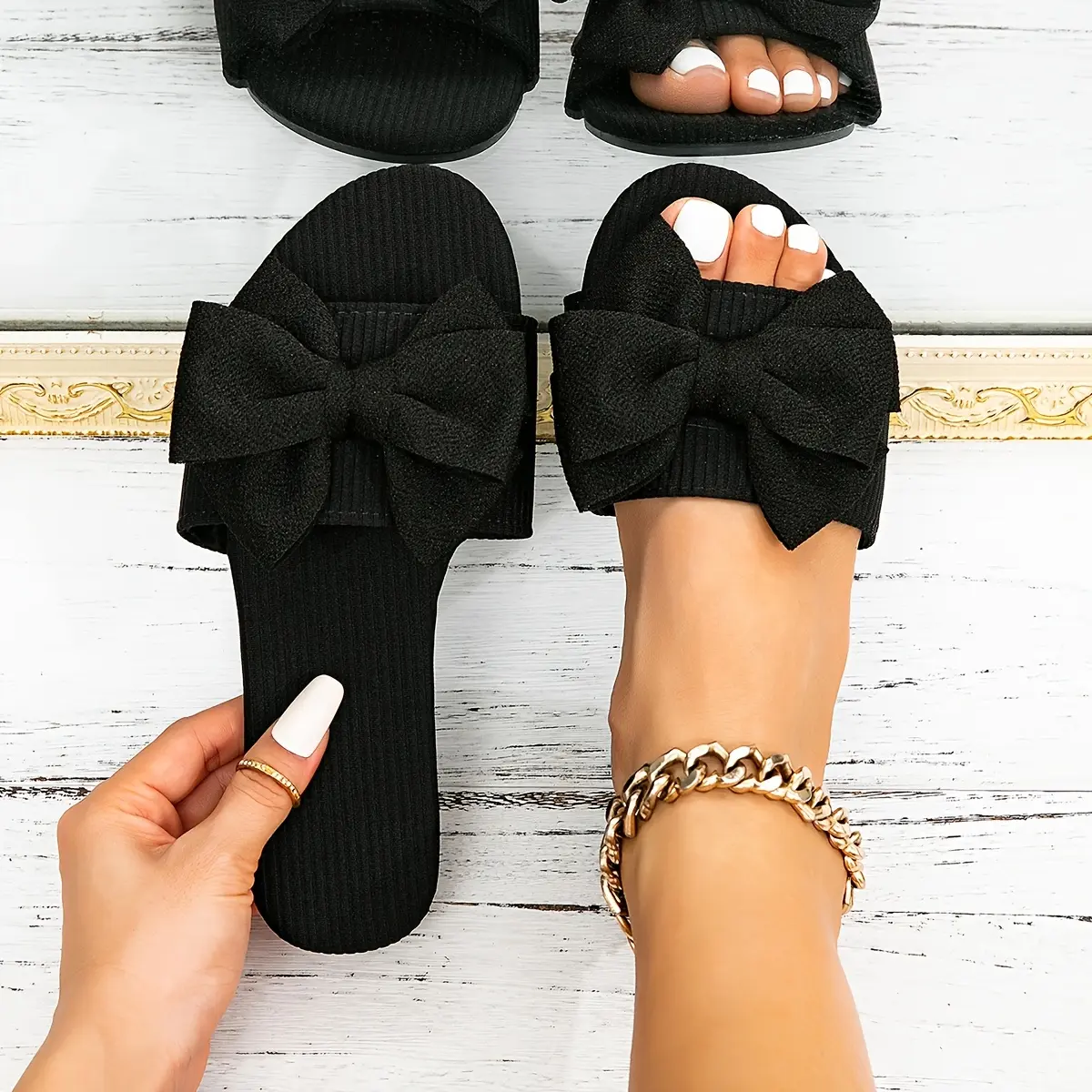 Women's Black Bowknot Slide Sandals, Elegant Flat Open Toe Summer Footwear with a Ribbed Fabric Upper, Slip On, Bow Accent, Casual, Chic, Stripes