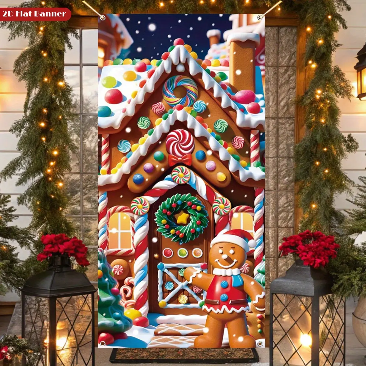 2D Flat, 1pc Gingerbread House Classic Holiday Door Cover Design, Red and Green Wreath with Colorful Lights & Bells Decorations, Christmas Trees Bear Watches for a Cozy Festive Atmosphere