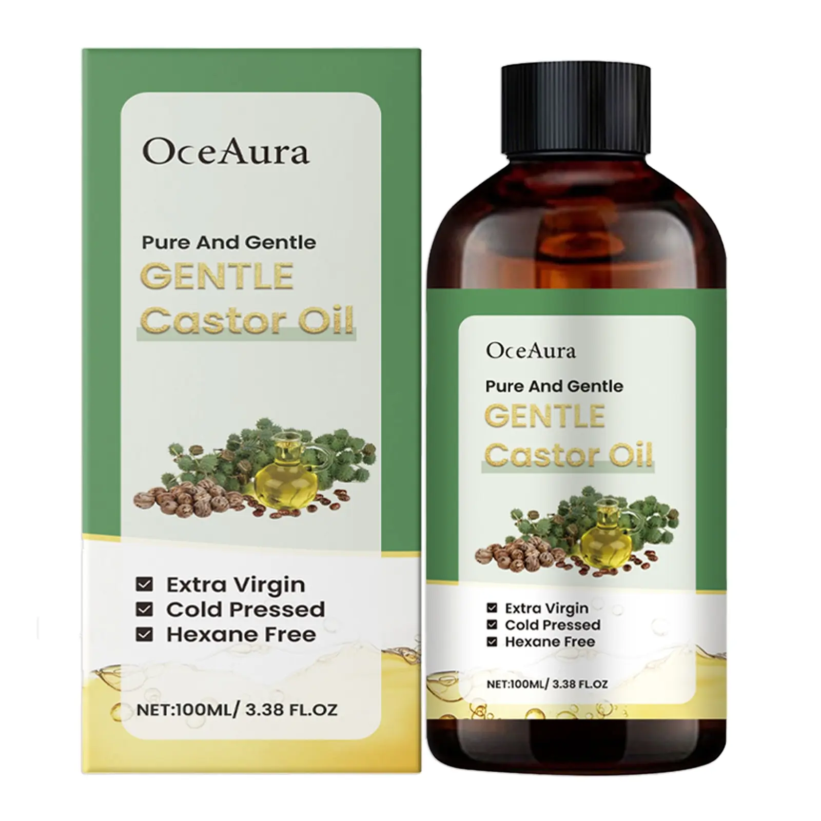 Organic Castor Oil Cold Pressed Extra Virgin for Hair Eyebrows Lashes Body Skin Nails Massage, Body Care Oil Hydrating Moisturizing Non-Greasy Absorbent 100ML