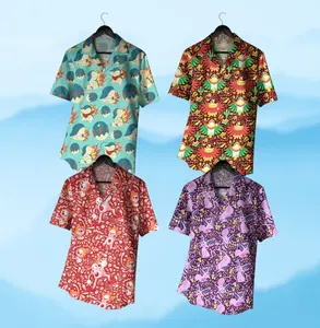 Tropical Anime Hawaiian Shirt, Cute Fire & Psychic Creature Aloha Button Down, Summer Beach Vacation Outfit, Video Game Fan Gift