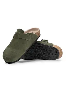 Women and Men Fashion Suede Shoes Slide Outdoor Slippers Round Toe Cork Footbed Clogs  with Strap Adjustable Flat Buckle Clogs Retro Fashion Walking Shoes Slippers