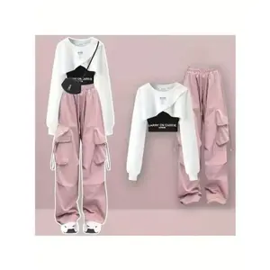 Spring and Autumn Work Style Set Women Loose Design Sweatshirt + Suspenders + Work Wide Leg Pants Three Piece SetGift