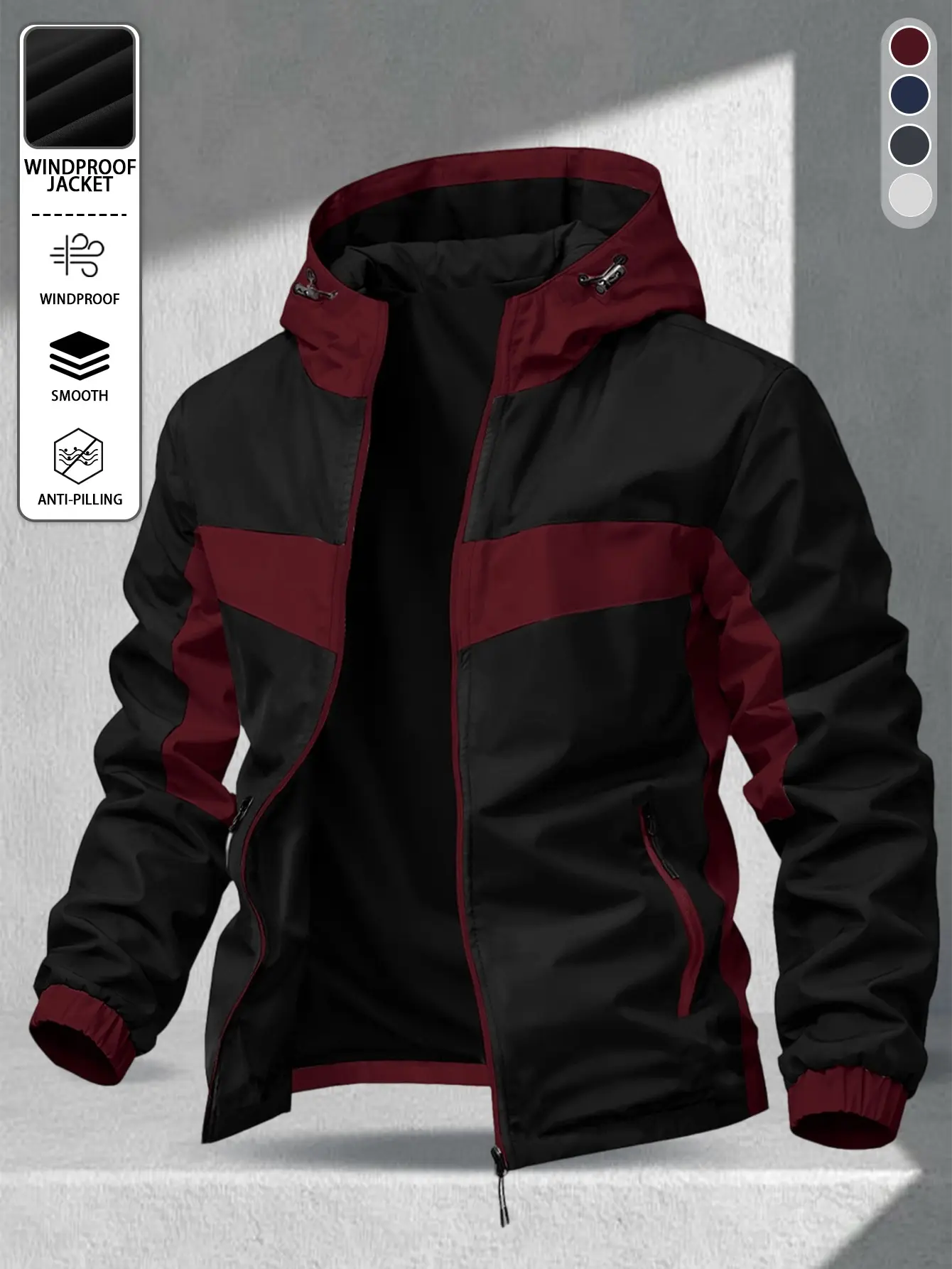 Men’s black-and-red geometric color-block patchwork hooded jacket made from smooth woven fabric, featuring an adjustable drawstring hood; suitable for mountaineering, hiking, outdoor camping, fishing, cycling, various outdoor activities, and everyday casu