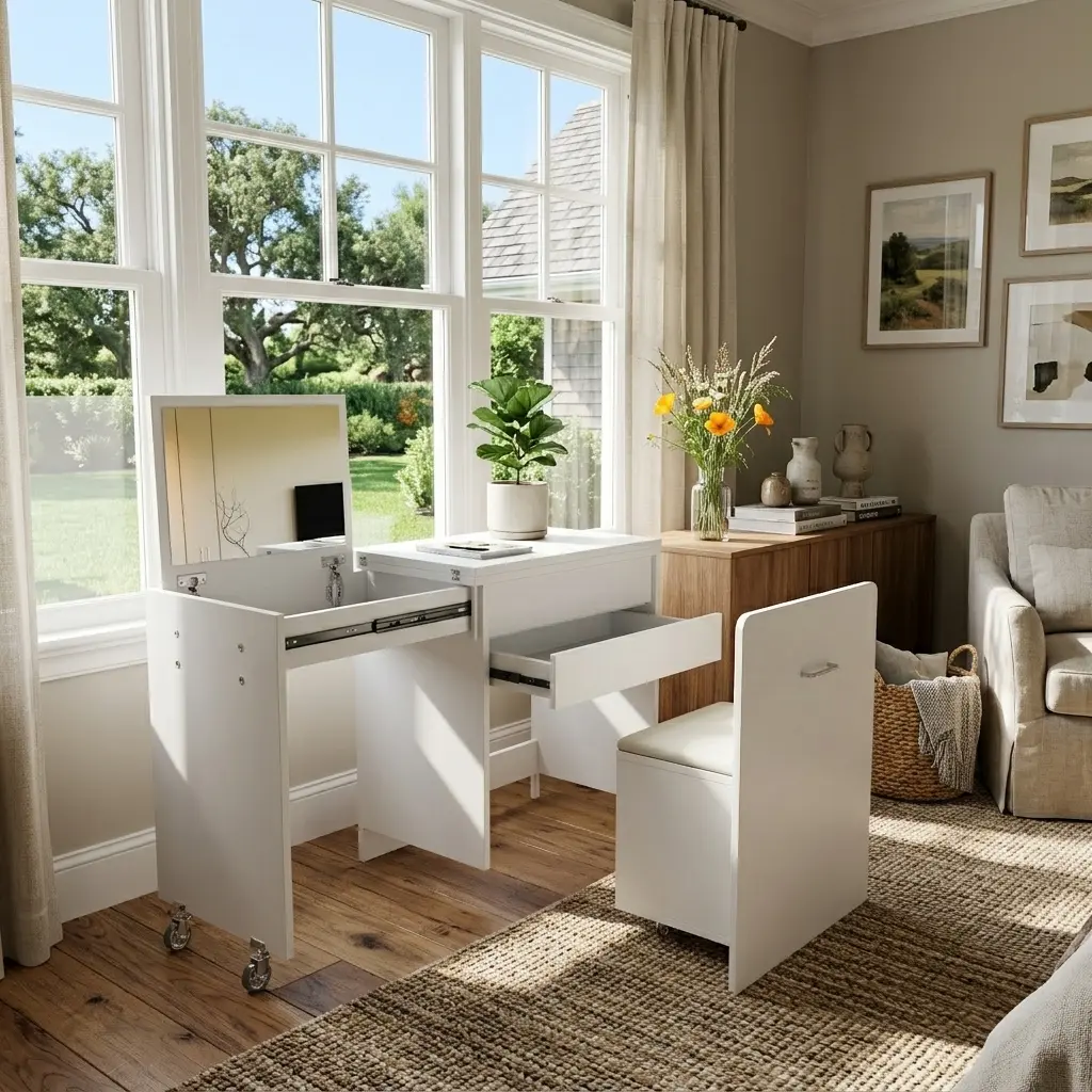 SAVEYOUR 47-Inch Multi-Functional Foldable Vanity Desk - Convertible Dressing Table with Mirror, 3 Usage Modes, Storage Stool, Space-Saving for Bedroom, White