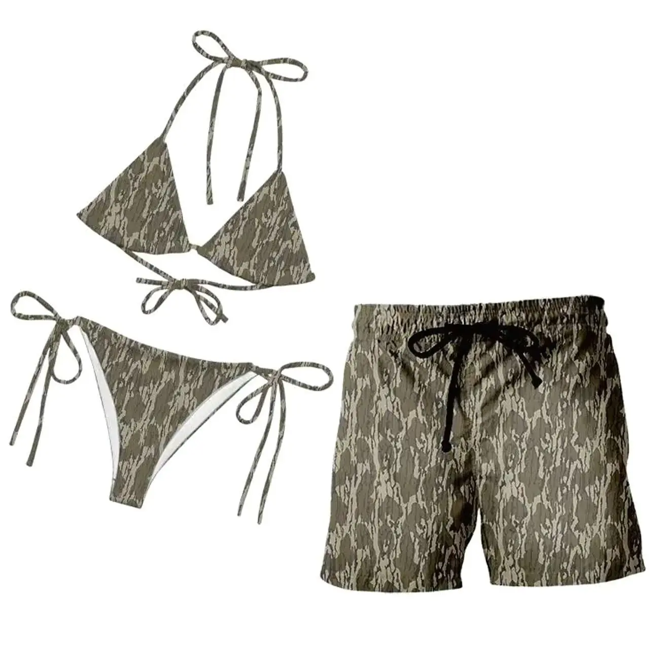 Matching Couple Swimwear - Bottomland Camo String Bikini & Men's Board Shorts Set Classic Bark Camouflage Hunting Style Outdoor Swimsuits, Quick-Dry Beachwear for Lake & River Life, Country Couple Gift, N2L