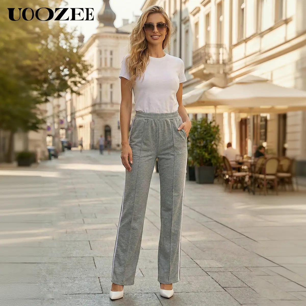 UOOZEE Women's High-Waist Polyester Pants - Side-Stripe Soft Stretch Knit Elastane Blend (5% Spandex), Functional Pockets, Comfortable Fit, High Waist Flatters Curves, Smart Casual Office Trousers