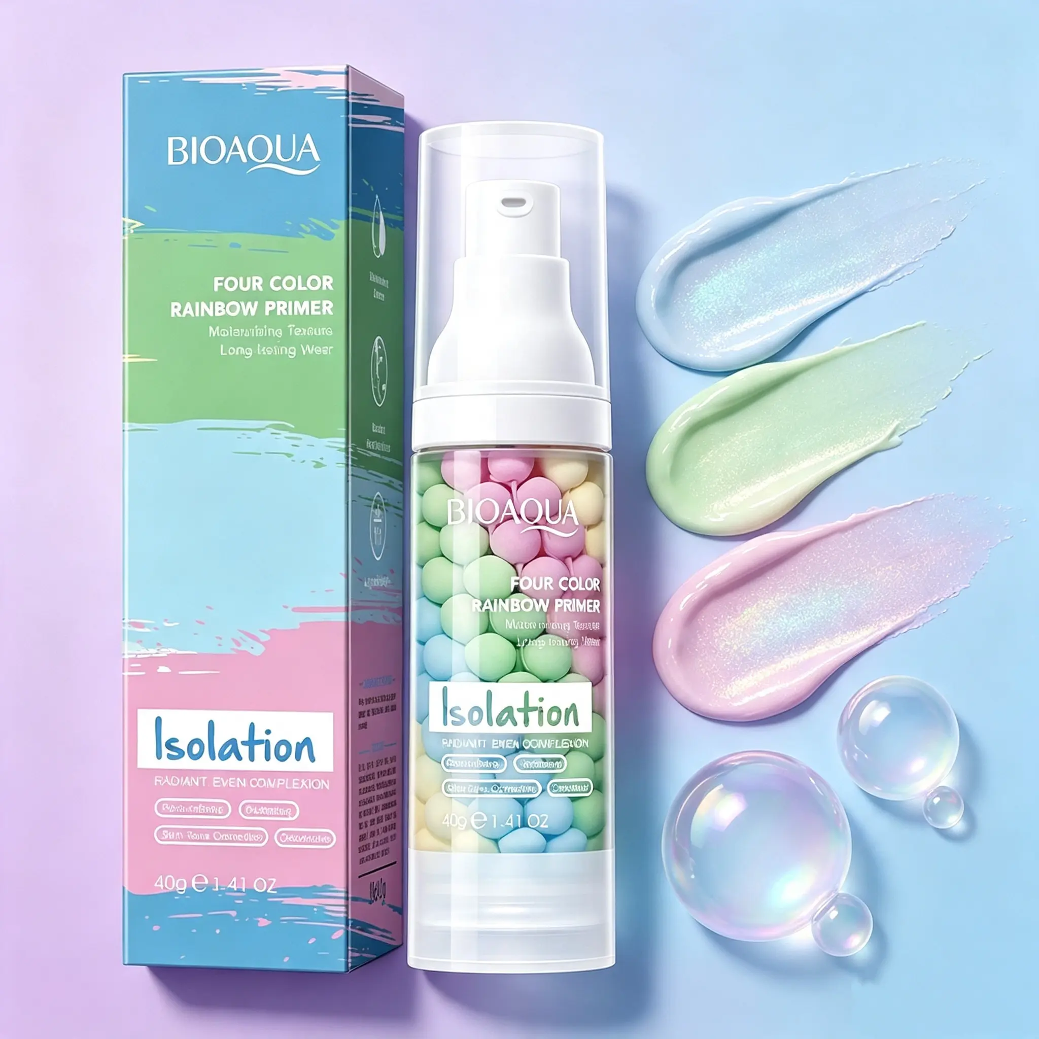 Bioaqua 4-Color Rainbow Primer, 40g Moisturizing Makeup Base for Isolation, Radiant & Even Complexion