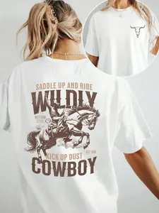 Women's Cowboy & Letter Print Round Neck Graphic Tee, Cowgirl Tee, Vintage Trendy Casual Drop Shoulder Short Sleeve T-shirt for Daily Wear, Ladies Summer, Casual Fashionable Top, Shortsleeve Top, Casual Fit Top