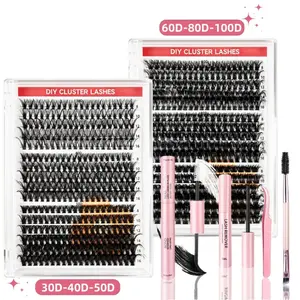 Eyelash Cluster Kit, D Curl Volume Cluster Lashes, Fluffy Eyelash Clusters, Dense Long Curled DIY Lash Extension Set, Multiple Lengths, Includes Bond & Seal, Lash Remover, Tweezers & Brush
