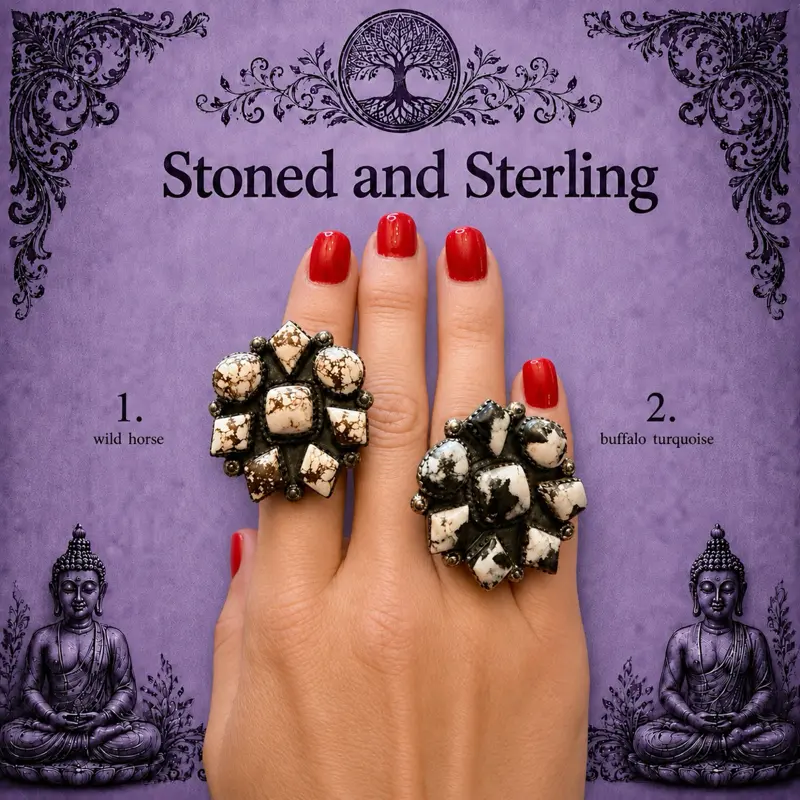 Stoned and Sterling Southwest Cluster Sterling Adjustable Rings in Wild Horse and Buffalo Turquoise