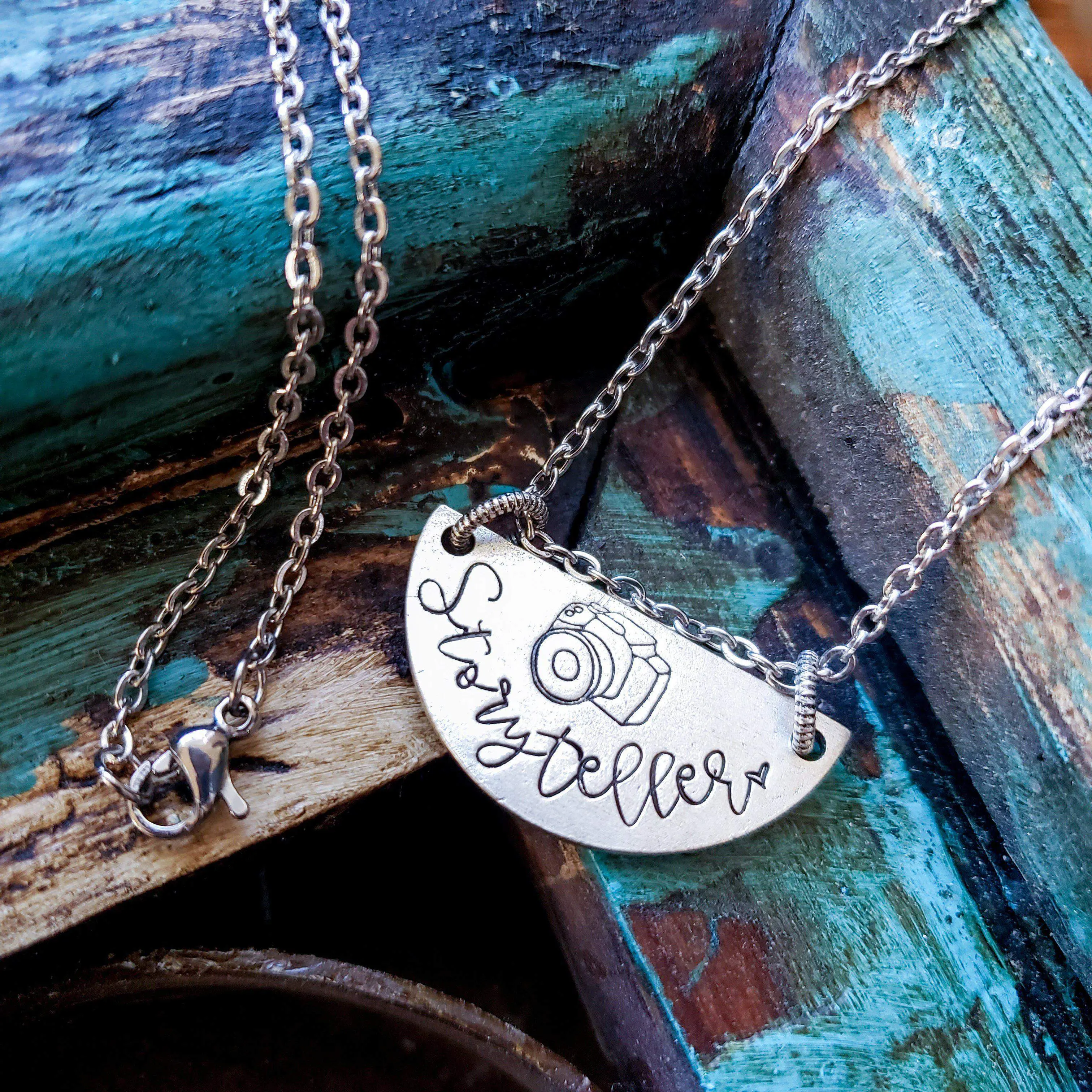 Hand Stamped Pewter Half Circle 'Storyteller' Pendant Necklace for Photographers