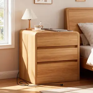 Modern Nightstand with Charging Station for Bedroom, Wood Bedside Table w/2 Storage Drawers, Large Side Table for Bedroom, Living Room, Curved Profile