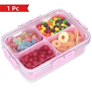 1Pc Snackle Box Container with Lid- 4/8 Compartment Snack Box Container Tray-Travel Charcuterie Box with Handle - Organizer for Candy, Fruit, Nuts, Veggies, Snacks, Beach, Travel Friendly Containers, Portable Lunch Box Food Storage Containers (Pink)